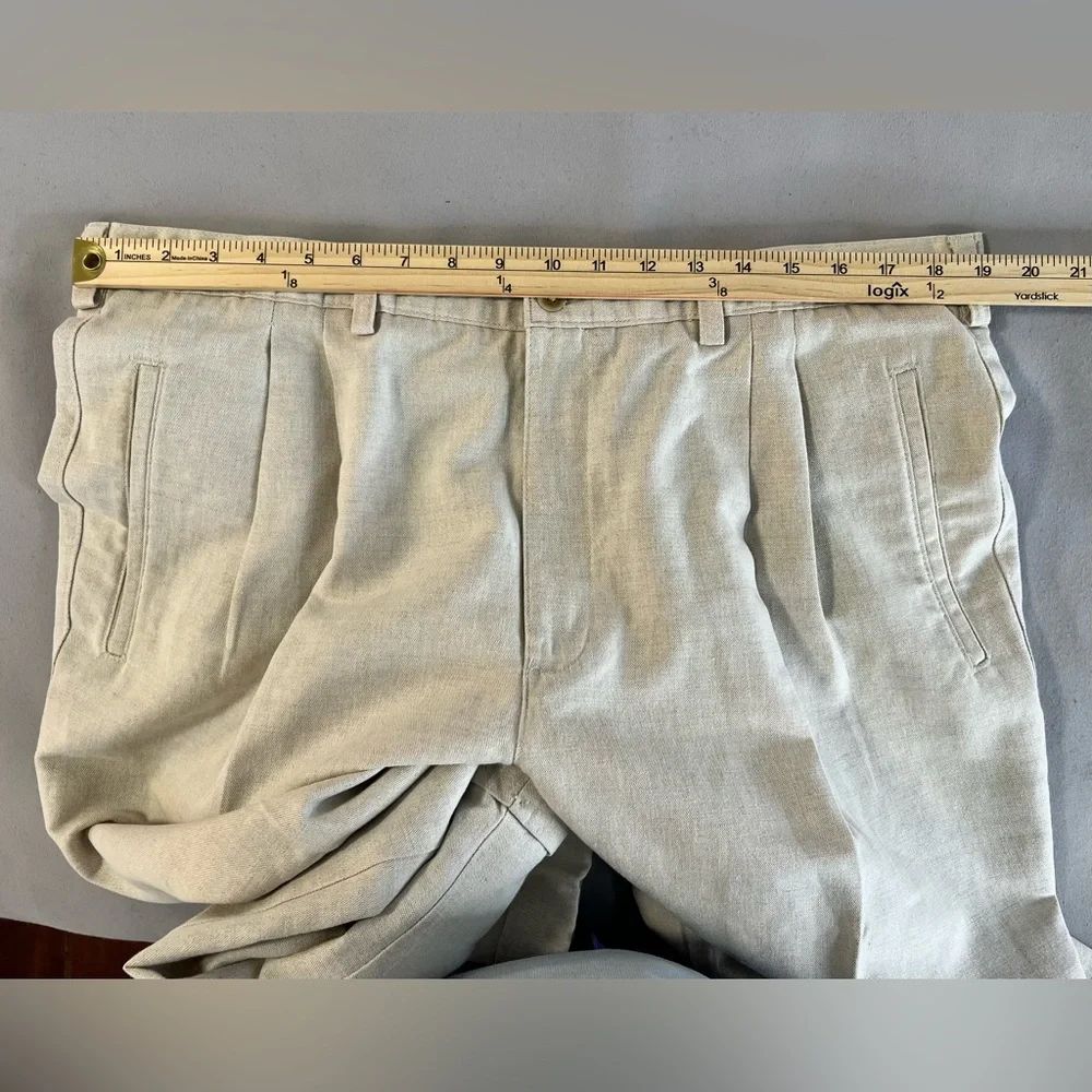 Savane RN 21201 Beige Pleated &‎ Cuffed Men's Cotton Linen Pants W40 30L